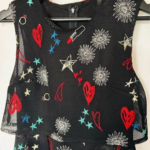 Maje Rachel Black Mesh Mini Dress - Embroidered Hearts & Lipsticks, Size S small - Picture 5 of 10